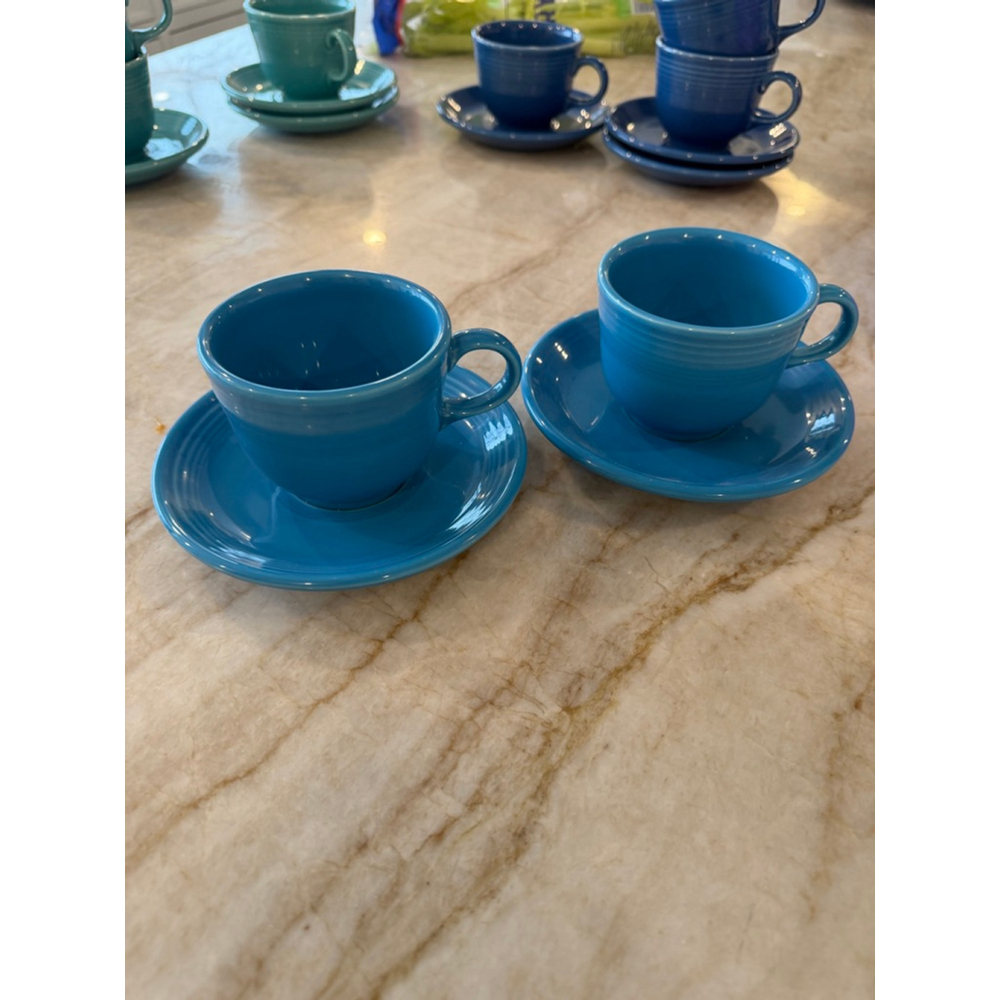 Set of 2 Fiesta Blue Ceramic Mugs with Saucers One Size